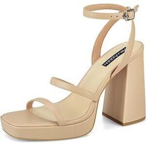 MiraAzzurra Womens Size 6 Tan 4.5" Chunky Heel Open Toe Ankle Strap Sandal Shoes